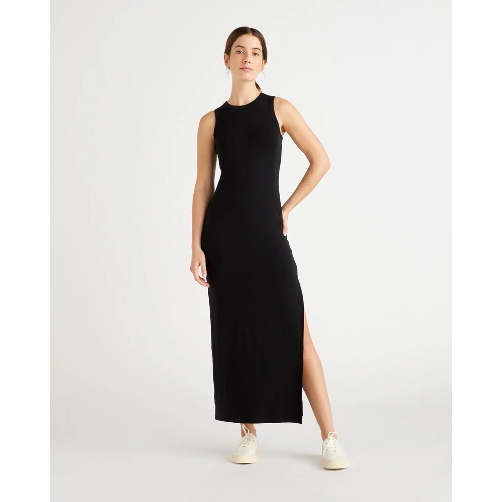 Quince Tencel Tank Maxi Dress Small Black Slit Minimal Clean Vacay Capsule Chic